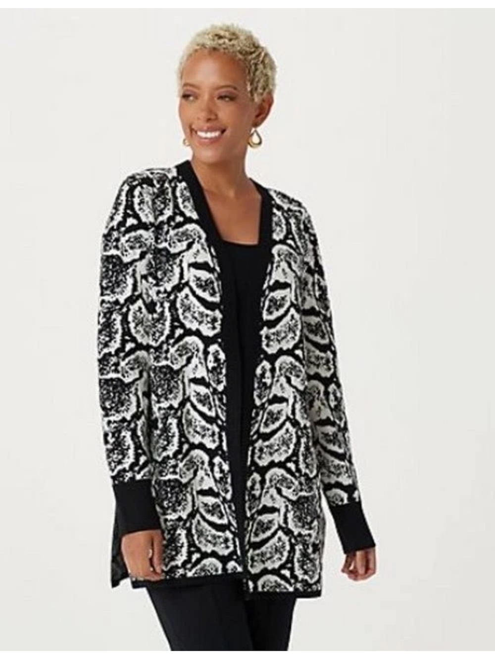 Susan Graver Black and White Open-Front Patterned Cardigan size 2X